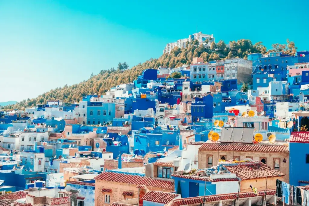 Blue and white houses of Chefchaouen on the hillside
