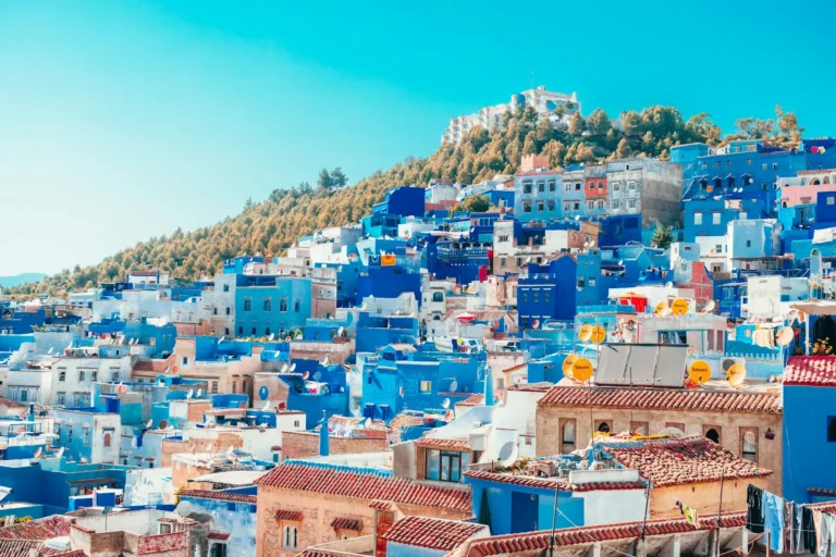 Blue and white houses of Chefchaouen on the hillside
