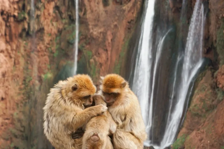 Barbary macaques in front of a waterfall